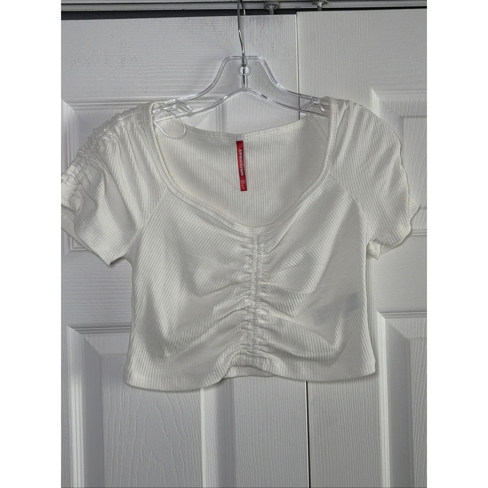 Unionbay Ruched Front Ribbed Crop Top Womens Size L White Y2K Cotton Blend Tee